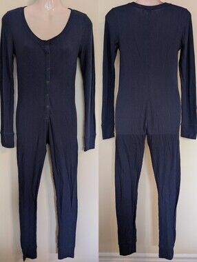 Make+Model Ribbed Knit One Piece Romper Sleepwear Navy Blue XS